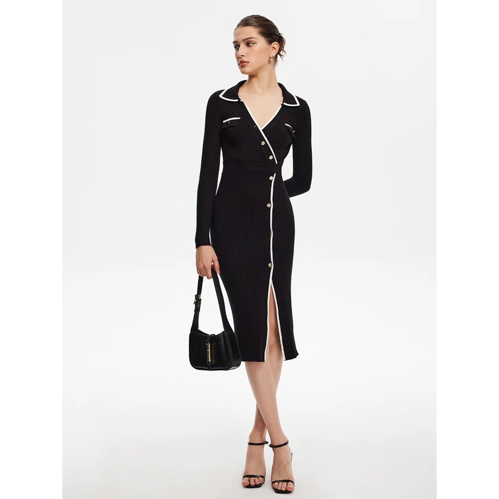 COMMENSE Contrast Trim Wrap Midi Knit Dress Black Size S